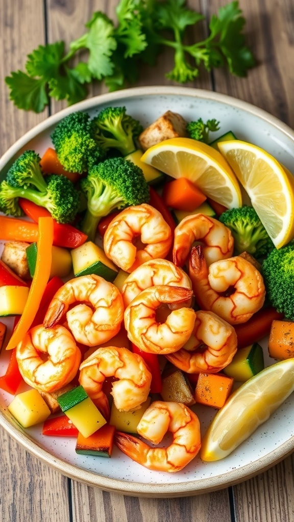 Crispy Air Fryer Shrimp and Vegetables Crispy air fryer shrimp with bell peppers, zucchini, and broccoli, garnished with lemon wedges on a wooden table.